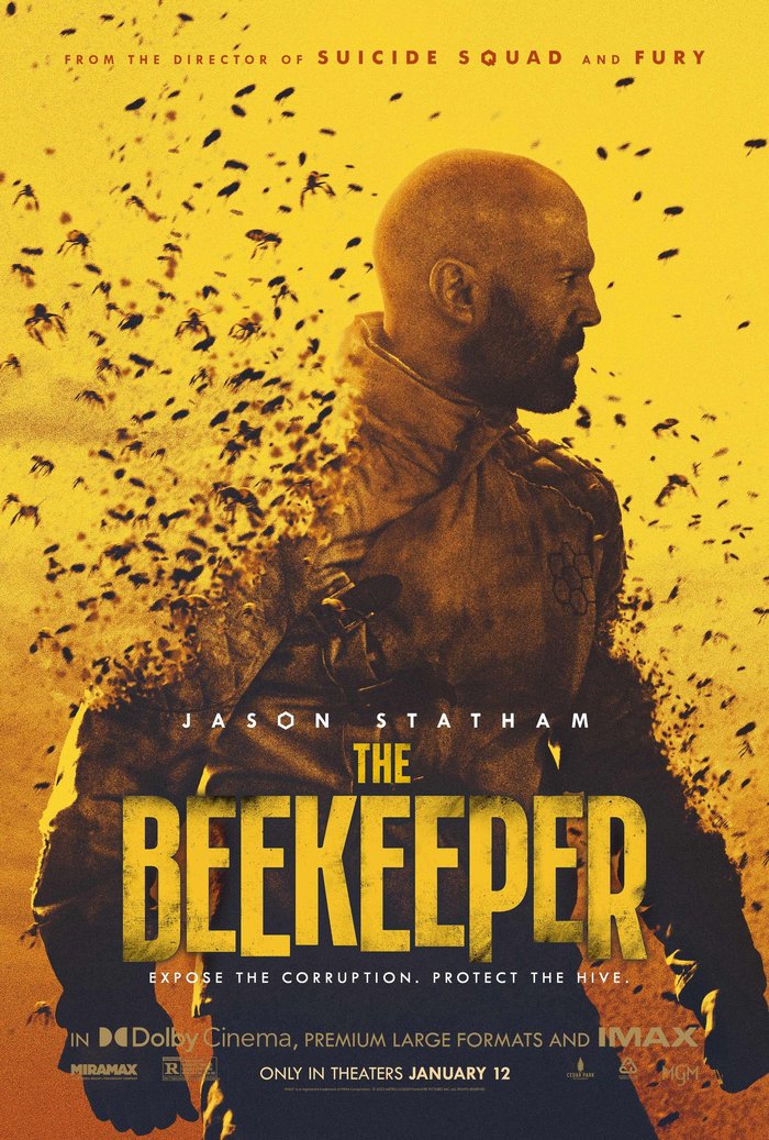 Theatrical poster for The Beekeeper (2024), showing Jason Statham in
silhouette surrounded by bees against a yellow background